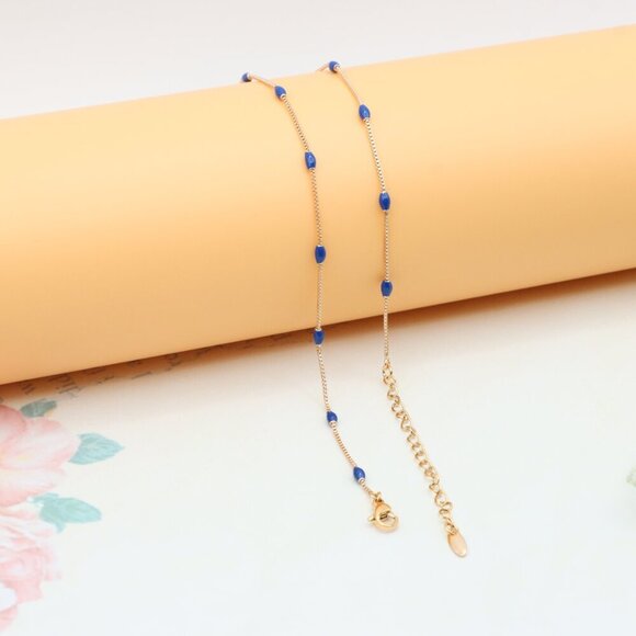 "Rose Gold Beaded Necklace with Blue Accents, Adjustable, XPNL0337 - Picture 11 of 11